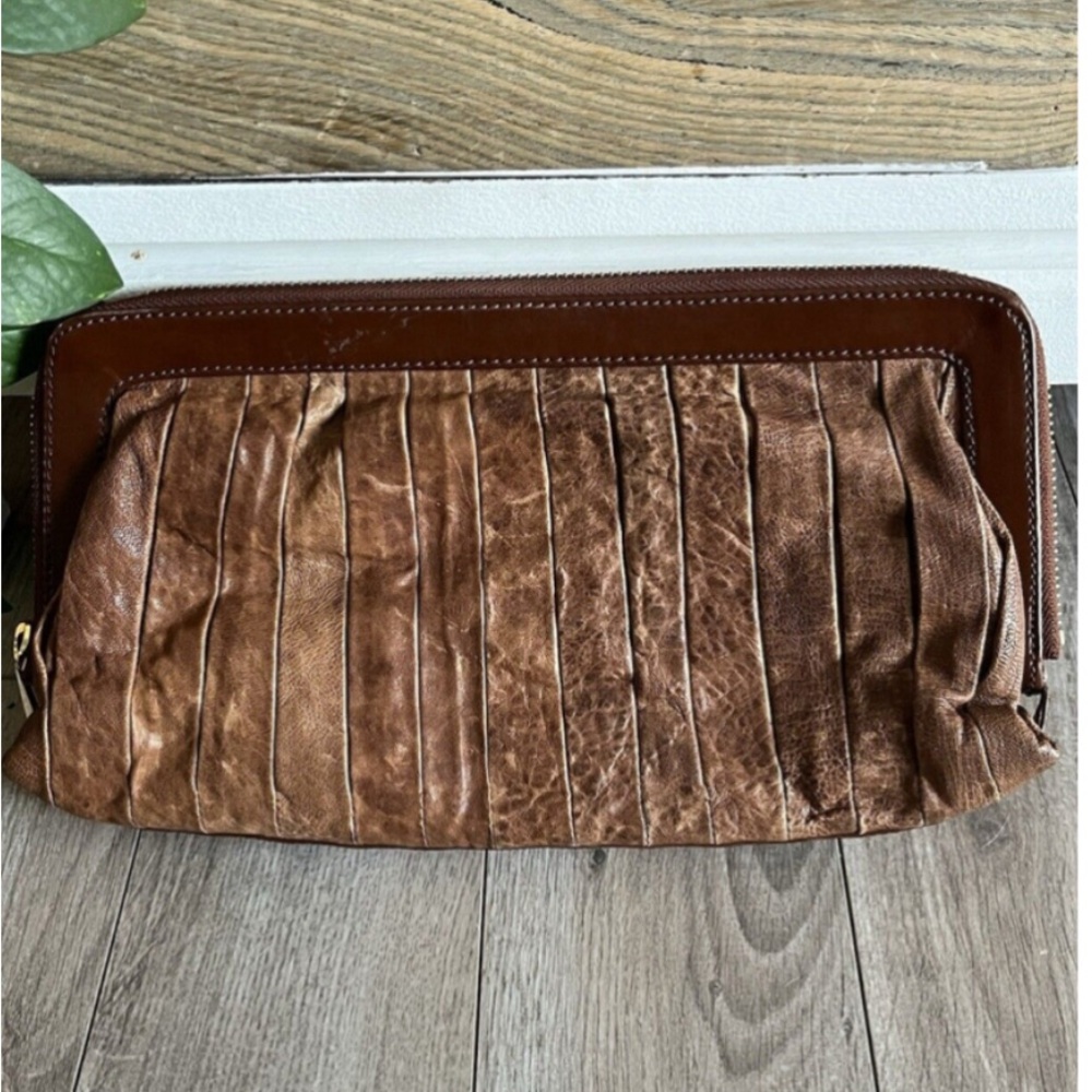 7 FOR ALL MANKIND BROWN LEATHER TEXTURED CLASSIC CLUTCH EVENING BAG